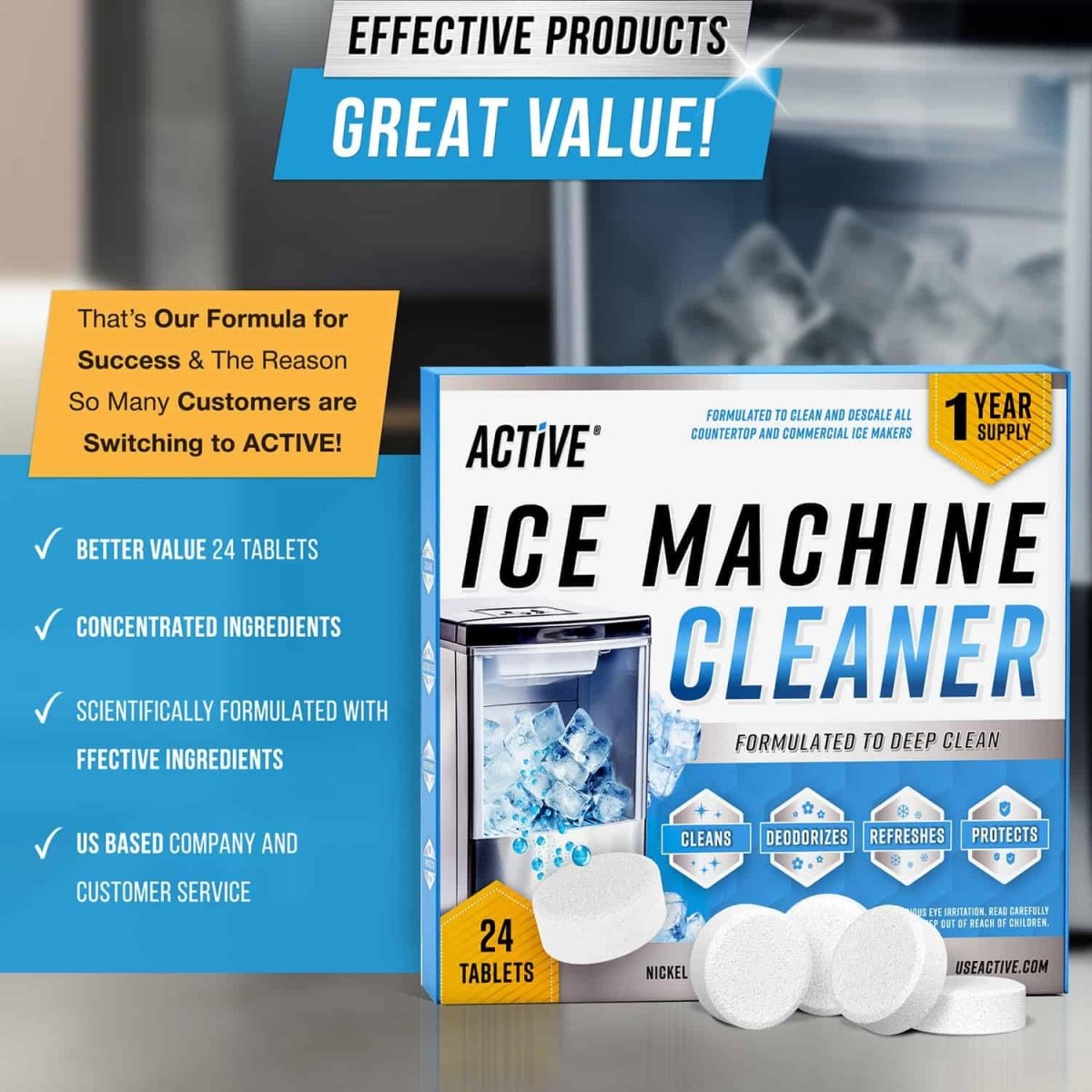 Cat Shop Boys - ACTIVE Ice Machine Cleaner Maker Descaler - 24 Clean Tablets Compatible with Frigidaire, Opal, GE Profile, Kitchenaid, Nickel Safe Scale Remover for Countertop, Nugget Ice Makers - Bulk 1 Year Supply