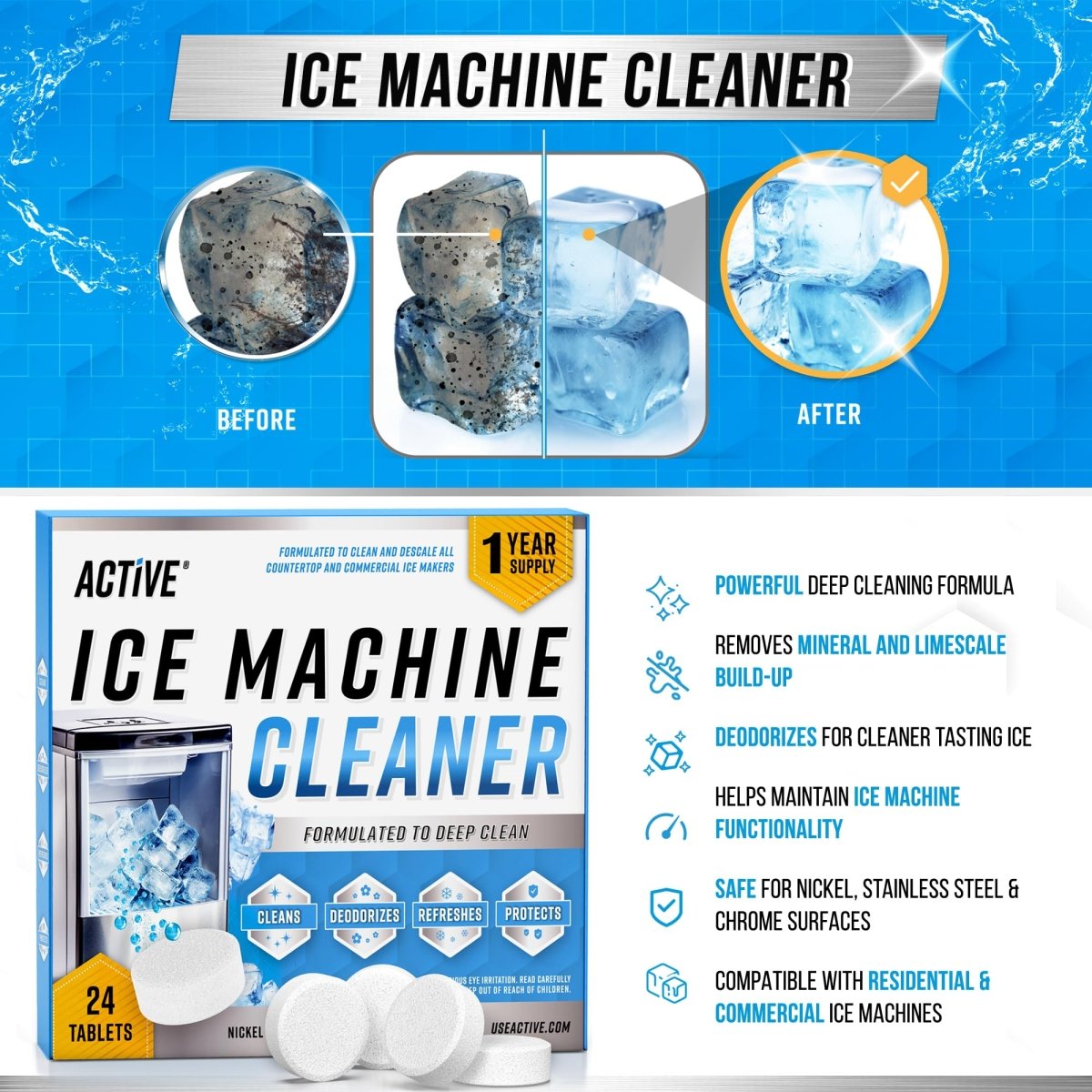 Cat Shop Boys - ACTIVE Ice Machine Cleaner Maker Descaler - 24 Clean Tablets Compatible with Frigidaire, Opal, GE Profile, Kitchenaid, Nickel Safe Scale Remover for Countertop, Nugget Ice Makers - Bulk 1 Year Supply