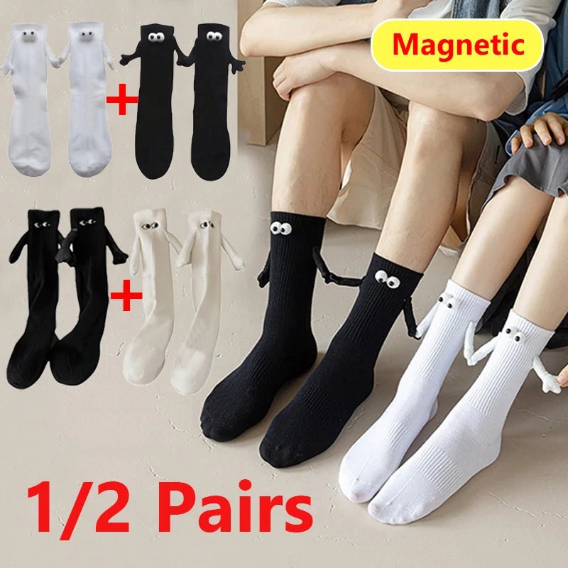 Cat Shop Boys - Alobee 1/2Pairs Harajuku Couple Cotton Sock Magnetic Suction Hand In Hand Socks Black White Unisex Holding Hands Long Socks