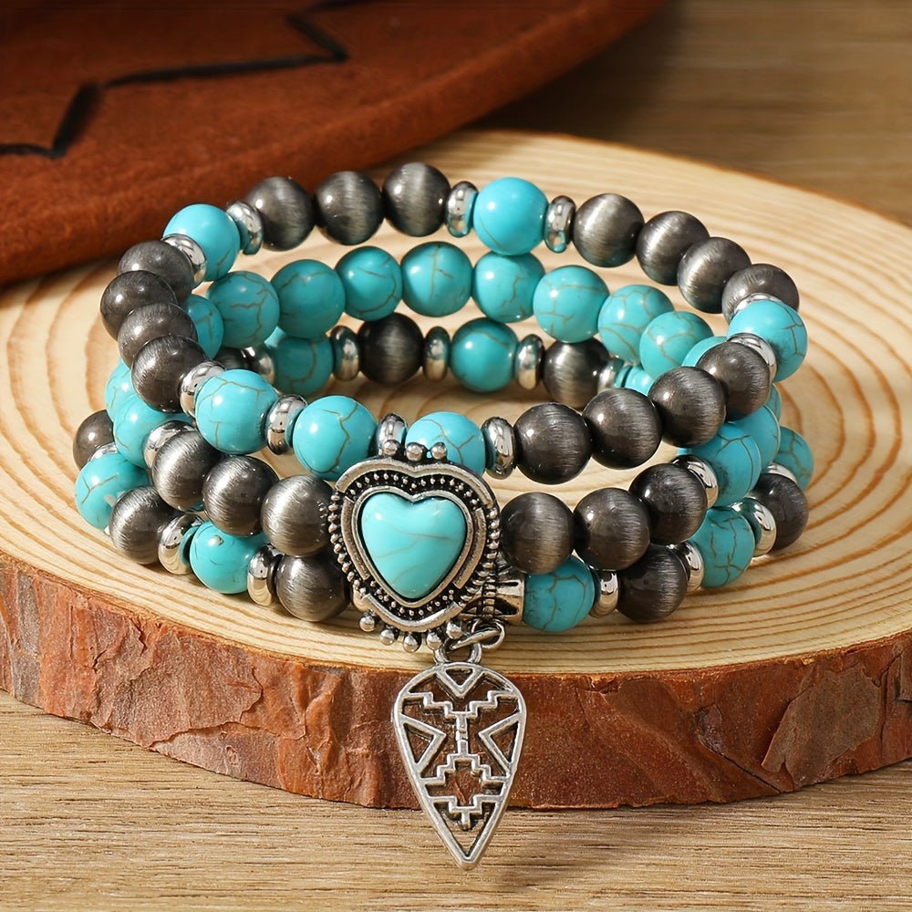 Cat Shop Boys - Bohemian Style Turquoise Beaded Bracelet with Heart Charm - Perfect for Everyday Wear and Parties