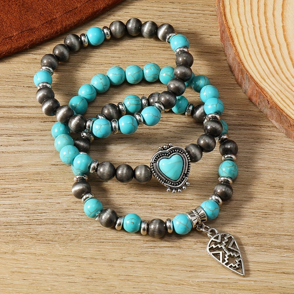 Cat Shop Boys - Bohemian Style Turquoise Beaded Bracelet with Heart Charm - Perfect for Everyday Wear and Parties