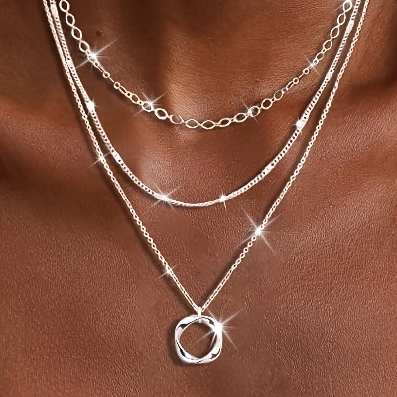 Cat Shop Boys - Boho - Chic 925 Sterling Silvery Layered Necklace Set for Women - Stackable Choker & Circle Pendant, Perfect Gift for Teens and Girls