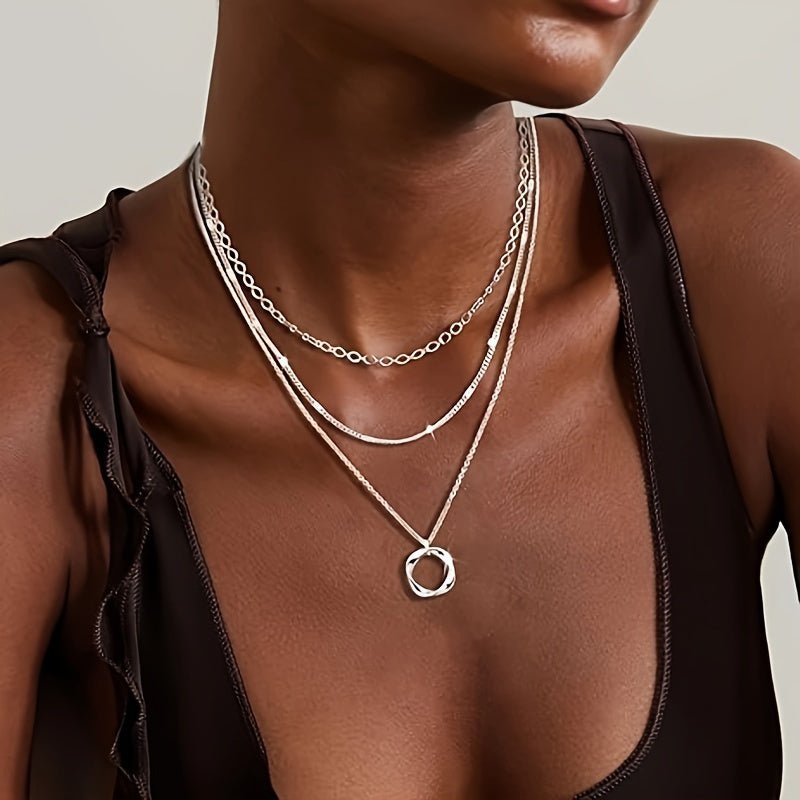 Cat Shop Boys - Boho - Chic 925 Sterling Silvery Layered Necklace Set for Women - Stackable Choker & Circle Pendant, Perfect Gift for Teens and Girls