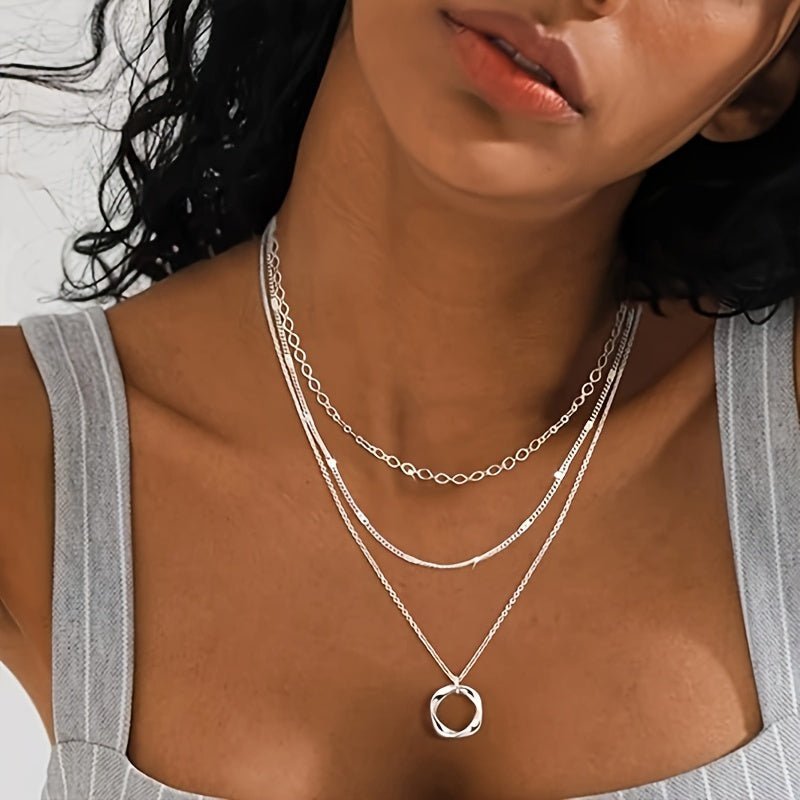 Cat Shop Boys - Boho - Chic 925 Sterling Silvery Layered Necklace Set for Women - Stackable Choker & Circle Pendant, Perfect Gift for Teens and Girls