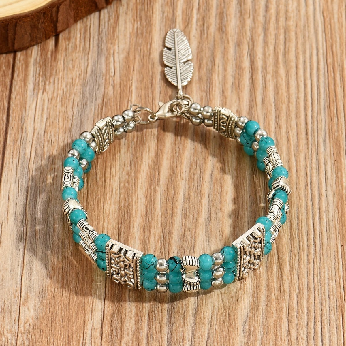 Cat Shop Boys - Boho Retro Resort Double Row Turquoise Beaded Antique Geometric Carved Feather Bracelet