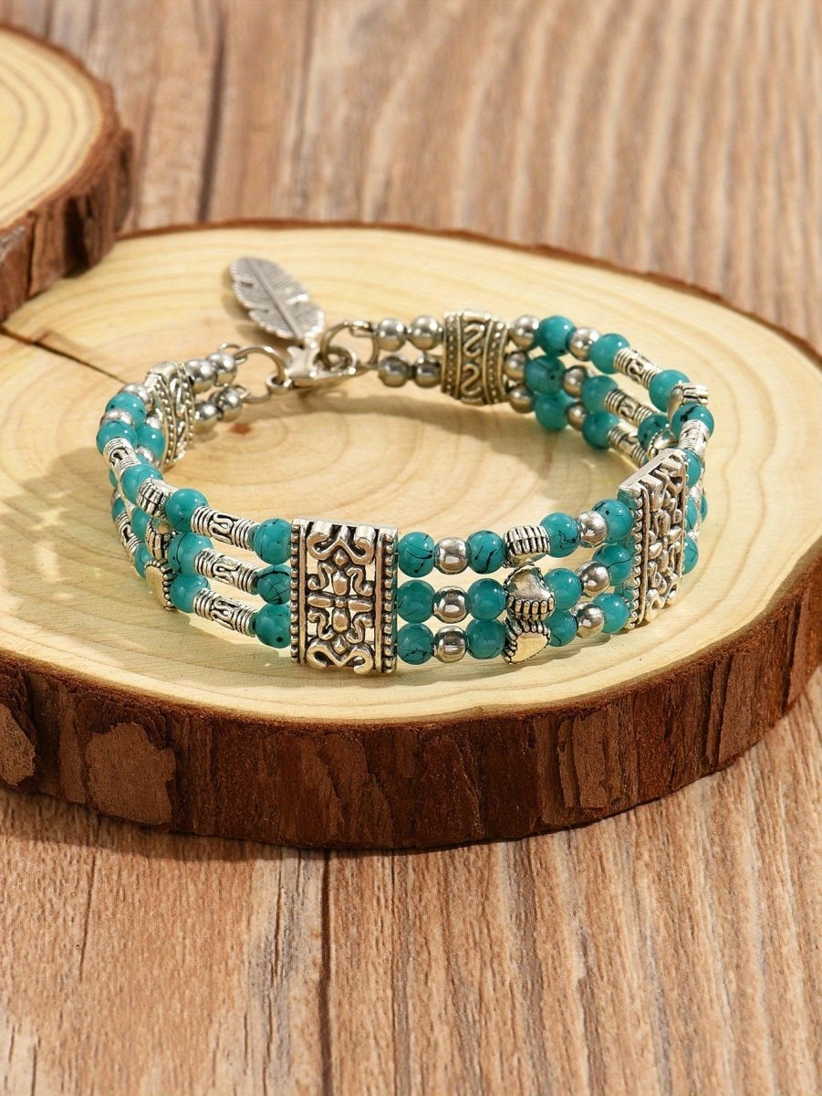 Cat Shop Boys - Boho Retro Resort Double Row Turquoise Beaded Antique Geometric Carved Feather Bracelet