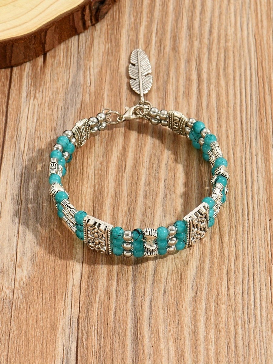 Cat Shop Boys - Boho Retro Resort Double Row Turquoise Beaded Antique Geometric Carved Feather Bracelet