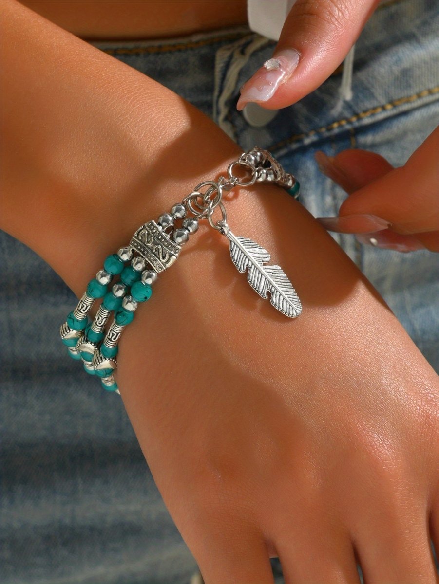 Cat Shop Boys - Boho Retro Resort Double Row Turquoise Beaded Antique Geometric Carved Feather Bracelet