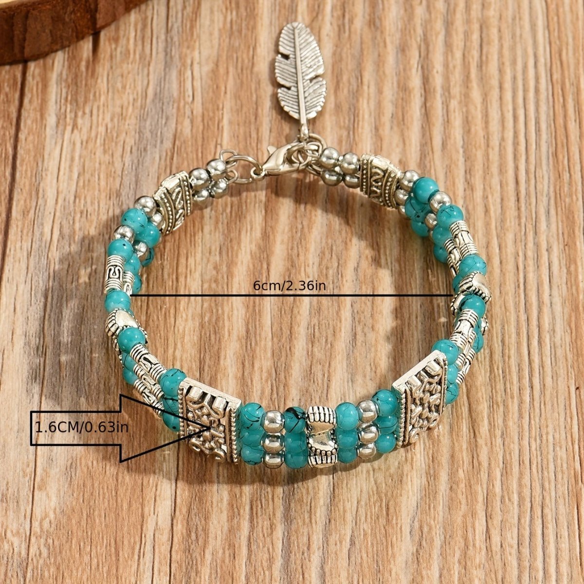 Cat Shop Boys - Boho Retro Resort Double Row Turquoise Beaded Antique Geometric Carved Feather Bracelet