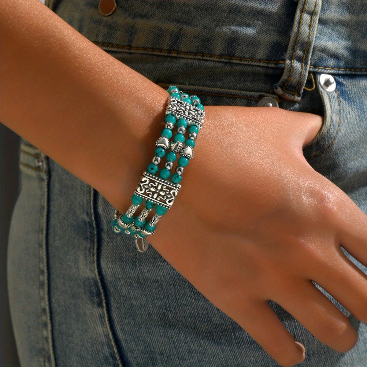 Cat Shop Boys - Boho Retro Resort Double Row Turquoise Beaded Antique Geometric Carved Feather Bracelet