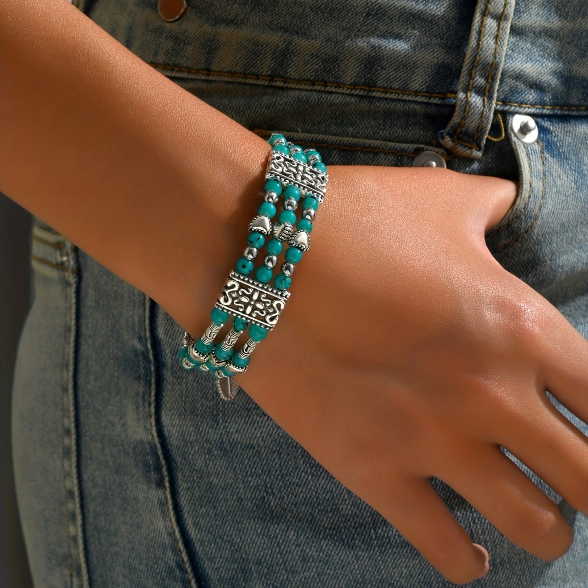 Cat Shop Boys - Boho Retro Resort Double Row Turquoise Beaded Antique Geometric Carved Feather Bracelet