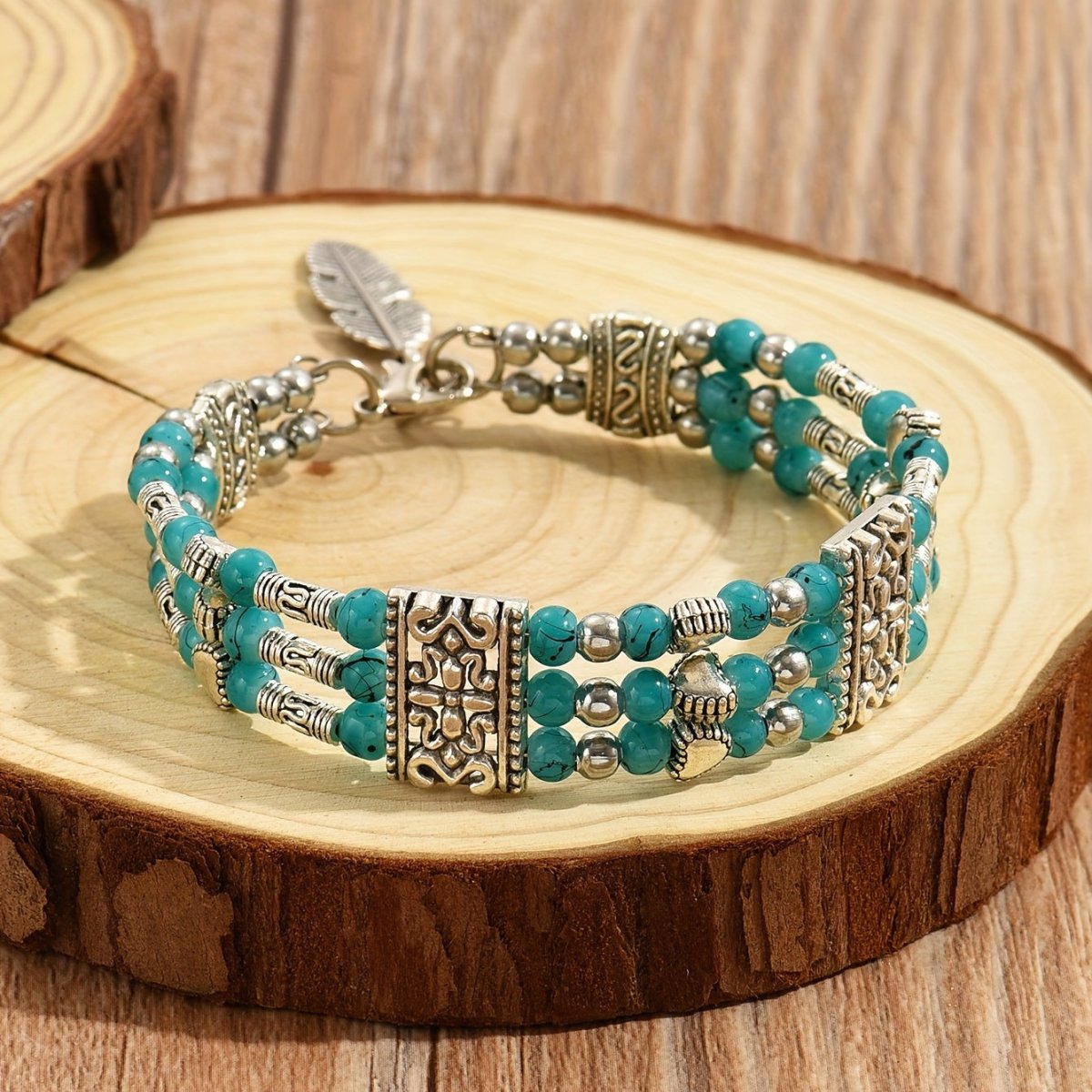 Cat Shop Boys - Boho Retro Resort Double Row Turquoise Beaded Antique Geometric Carved Feather Bracelet