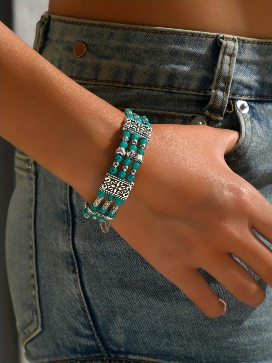 Cat Shop Boys - Boho Retro Resort Double Row Turquoise Beaded Antique Geometric Carved Feather Bracelet