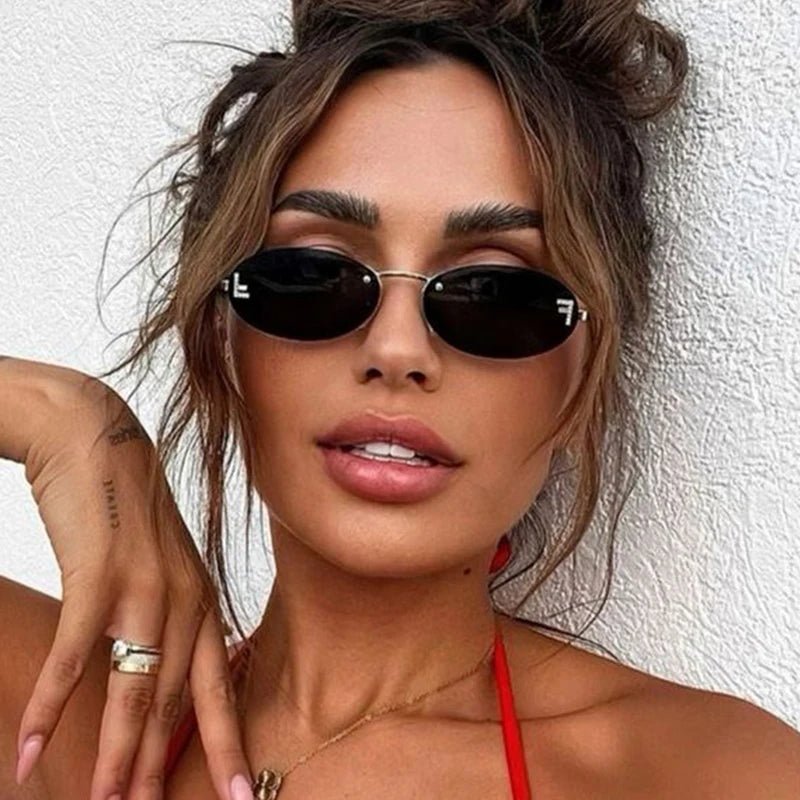 Cat Shop Boys - Brand Rimless Oval Women's Sunglasses Fashion Small Frame Luxury Designer Letter Sun Glasses Shades UV400 Clear Ocean Lens