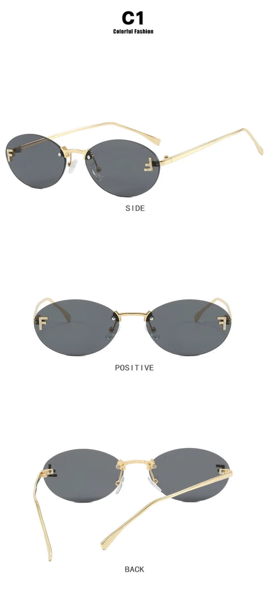 Cat Shop Boys - Brand Rimless Oval Women's Sunglasses Fashion Small Frame Luxury Designer Letter Sun Glasses Shades UV400 Clear Ocean Lens