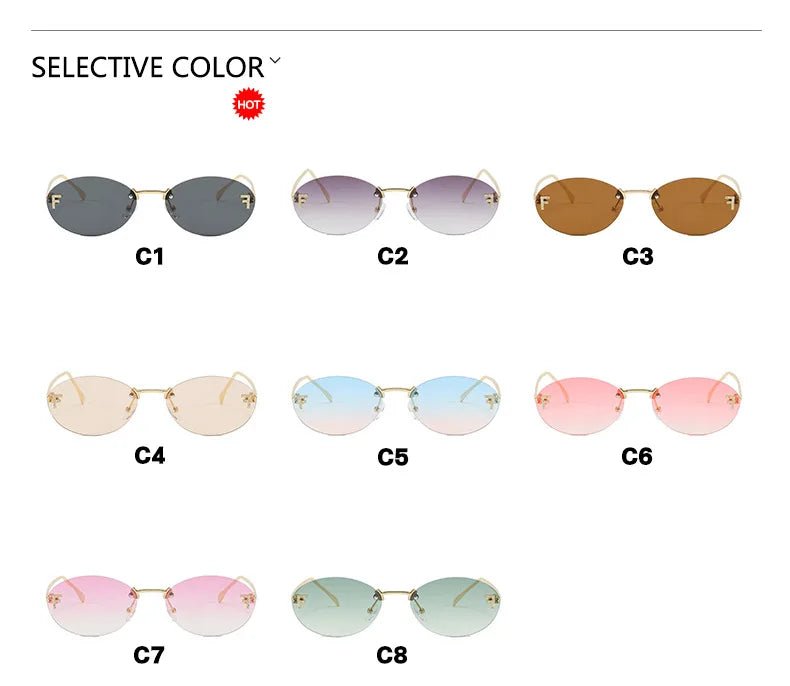 Cat Shop Boys - Brand Rimless Oval Women's Sunglasses Fashion Small Frame Luxury Designer Letter Sun Glasses Shades UV400 Clear Ocean Lens