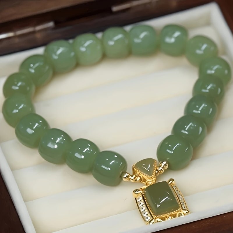 Cat Shop Boys - Chinese Style Green Jade Beaded Bracelet with Imitation Jade Pendant, Elegant Jewelry for Daily and Banquet Occasions, All - Season Versatile Accessory