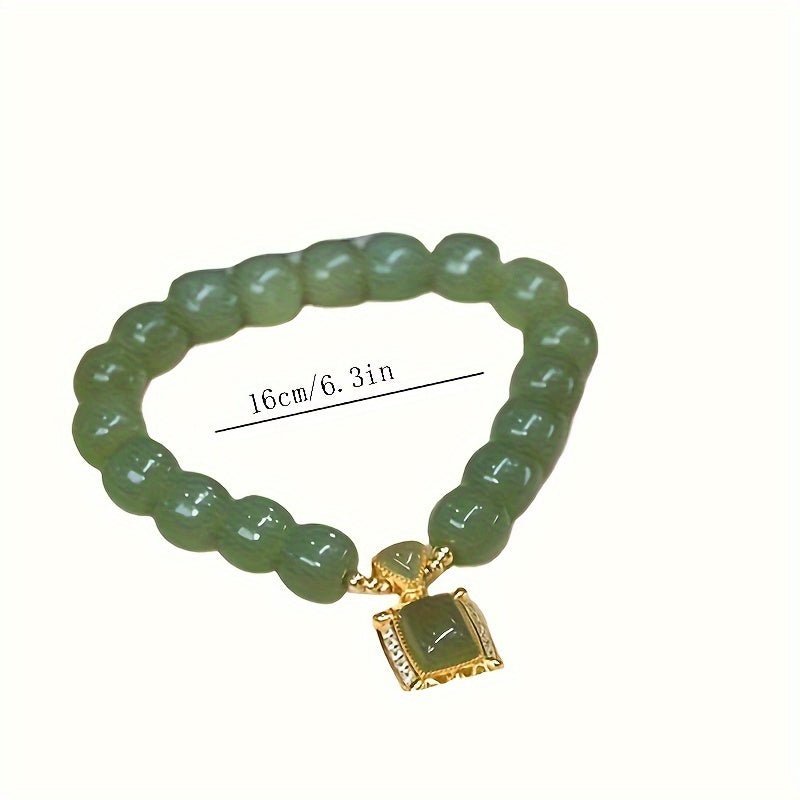 Cat Shop Boys - Chinese Style Green Jade Beaded Bracelet with Imitation Jade Pendant, Elegant Jewelry for Daily and Banquet Occasions, All - Season Versatile Accessory