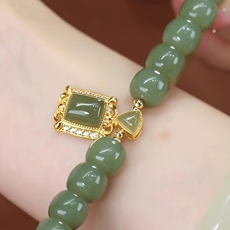 Cat Shop Boys - Chinese Style Green Jade Beaded Bracelet with Imitation Jade Pendant, Elegant Jewelry for Daily and Banquet Occasions, All - Season Versatile Accessory