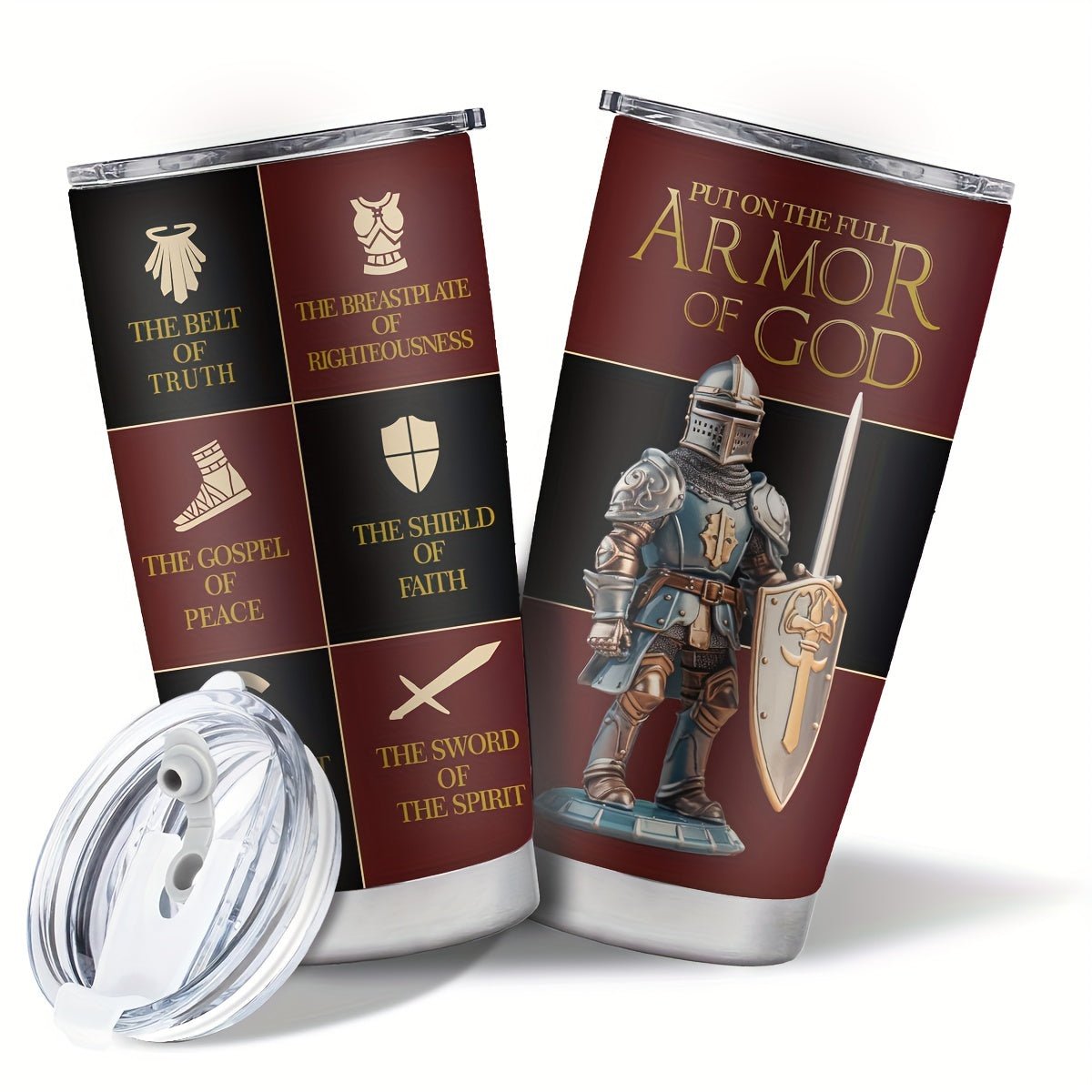 Cat Shop Boys - Christian Armor of God 20oz Stainless Steel Tumbler - Religious Inspirational Gift for Men and Women - Double Wall Vacuum Insulated Metal Coffee Mug with BPA - Free Lid for Fathers Day, Birthdays, Seasonal Decor Without Feather