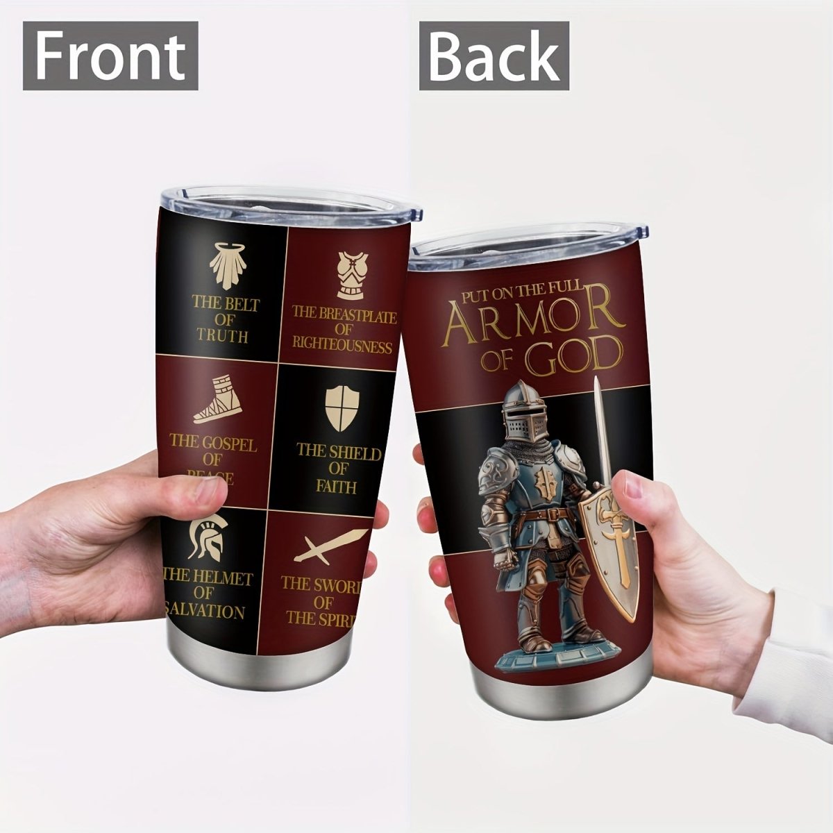 Cat Shop Boys - Christian Armor of God 20oz Stainless Steel Tumbler - Religious Inspirational Gift for Men and Women - Double Wall Vacuum Insulated Metal Coffee Mug with BPA - Free Lid for Fathers Day, Birthdays, Seasonal Decor Without Feather