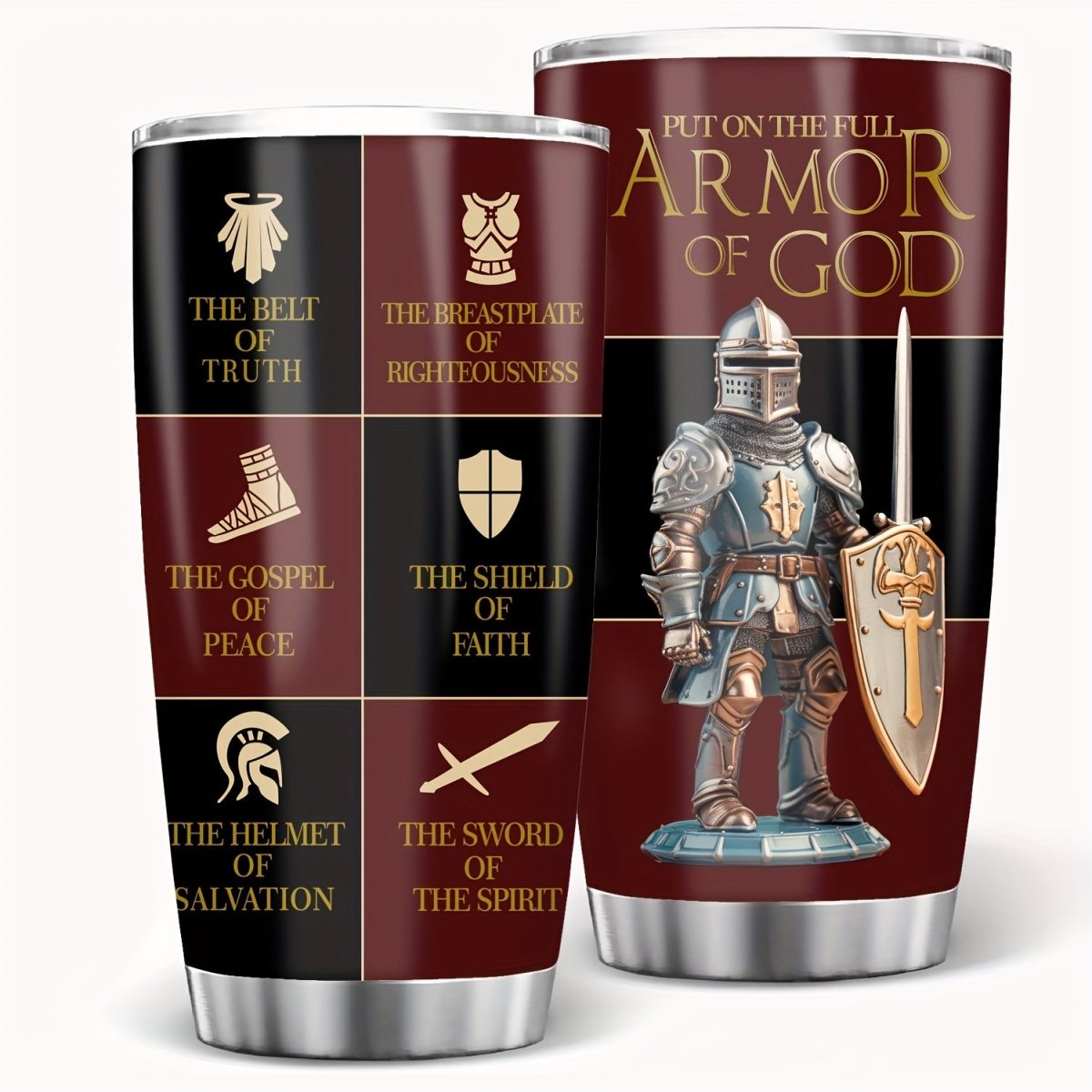 Cat Shop Boys - Christian Armor of God 20oz Stainless Steel Tumbler - Religious Inspirational Gift for Men and Women - Double Wall Vacuum Insulated Metal Coffee Mug with BPA - Free Lid for Fathers Day, Birthdays, Seasonal Decor Without Feather