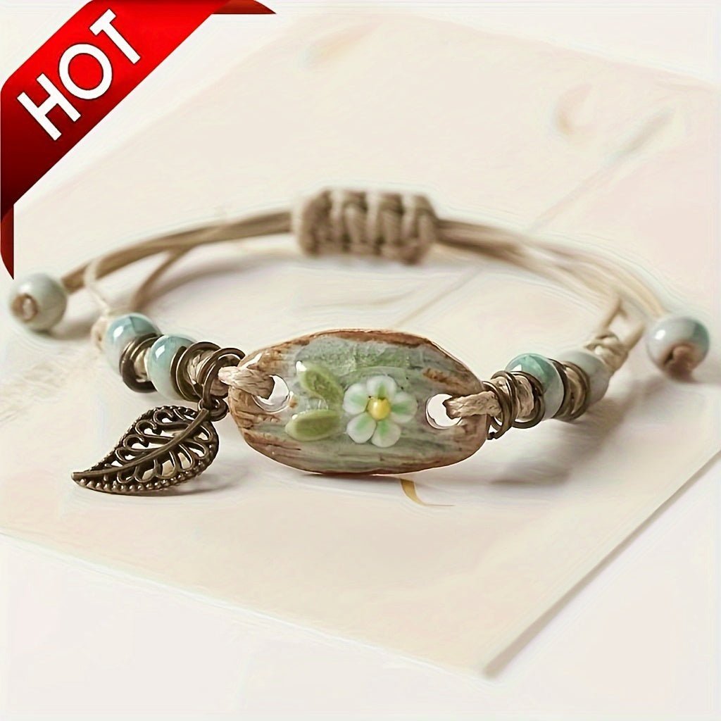 Cat Shop Boys - Classical style leaf pendant braided bracelet, elegantly handmade, adjustable size