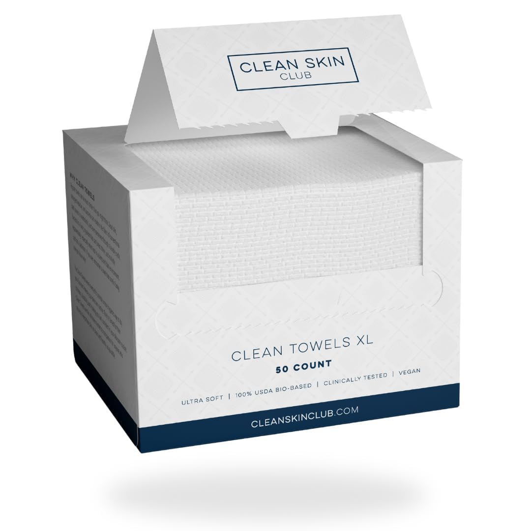 Cat Shop Boys - Clean Skin Club Clean Towels XL™, 100% USDA Biobased Face Towel, Disposable Face Towelette, Makeup Remover Dry Wipes, Ultra Soft, 50 Ct, 1 Pack