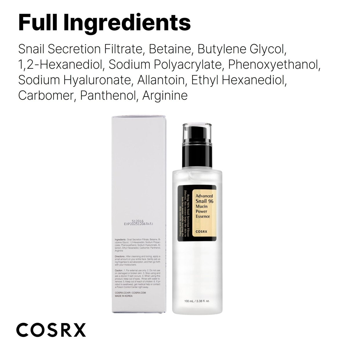 Cat Shop Boys - COSRX Snail Mucin 96% Power Repairing Essence 3.38 fl.oz 100ml, Hydrating Serum for Face with Snail Secretion Filtrate for Dull Skin & Fine Lines, Korean Skin Care