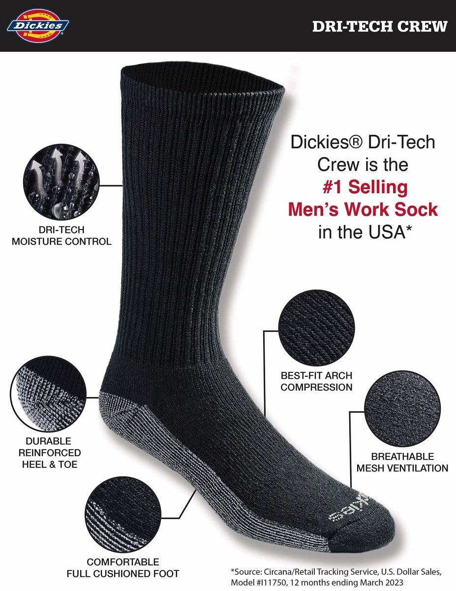 Cat Shop Boys - Dickies Men's Dri - tech Moisture Control Crew Socks Multipack, Black (6 Pairs), Shoe Size: 6 - 12, Pack of 6