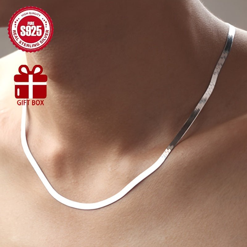 Cat Shop Boys - Elegant 925 Sterling Silver Flat Snake Bone Necklace - Hypoallergenic & Anti - Tarnish, Ideal for Daily Wear or Parties, Perfect Valentine's Gift with Box