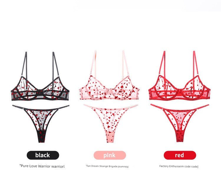 Cat Shop Boys - Flocked Printed Heart - Shaped Women's Intimates Ultra - Thin Bra Lace Sexy Steel Ring Push - up Thin Bra Set