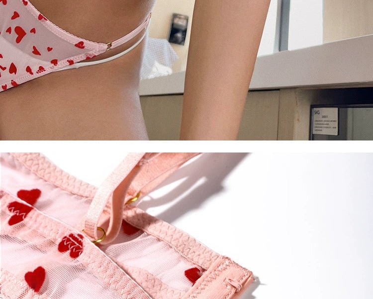 Cat Shop Boys - Flocked Printed Heart - Shaped Women's Intimates Ultra - Thin Bra Lace Sexy Steel Ring Push - up Thin Bra Set