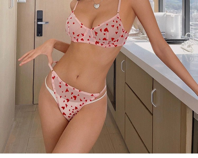 Cat Shop Boys - Flocked Printed Heart - Shaped Women's Intimates Ultra - Thin Bra Lace Sexy Steel Ring Push - up Thin Bra Set