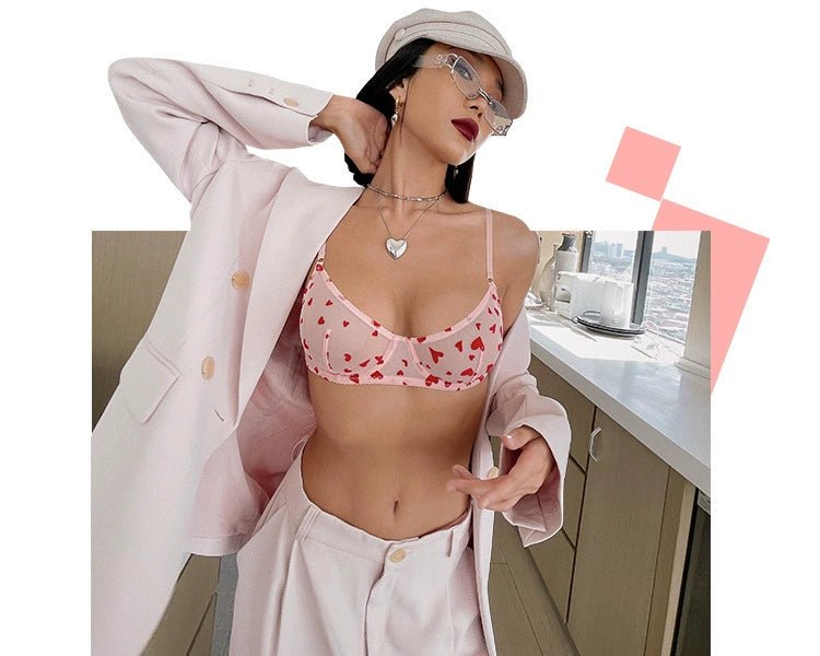 Cat Shop Boys - Flocked Printed Heart - Shaped Women's Intimates Ultra - Thin Bra Lace Sexy Steel Ring Push - up Thin Bra Set