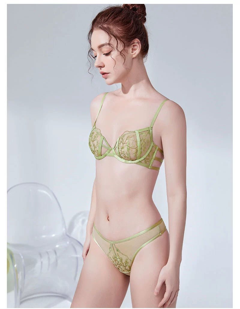 Cat Shop Boys - French Style Natural - looking Sponge - Free Embroider Bra Green Ultra - Thin Bra Sexy Lace Lingerie Set