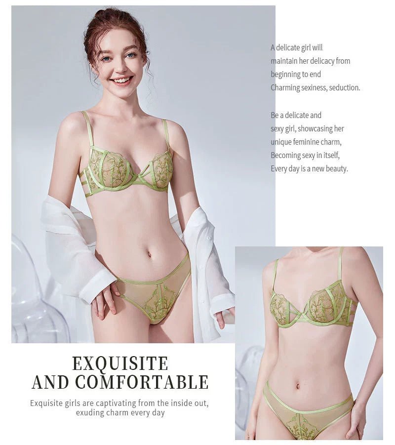 Cat Shop Boys - French Style Natural - looking Sponge - Free Embroider Bra Green Ultra - Thin Bra Sexy Lace Lingerie Set