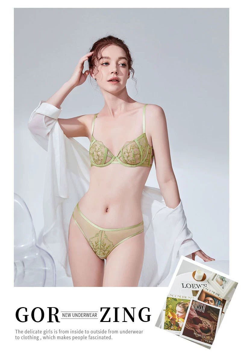 Cat Shop Boys - French Style Natural - looking Sponge - Free Embroider Bra Green Ultra - Thin Bra Sexy Lace Lingerie Set