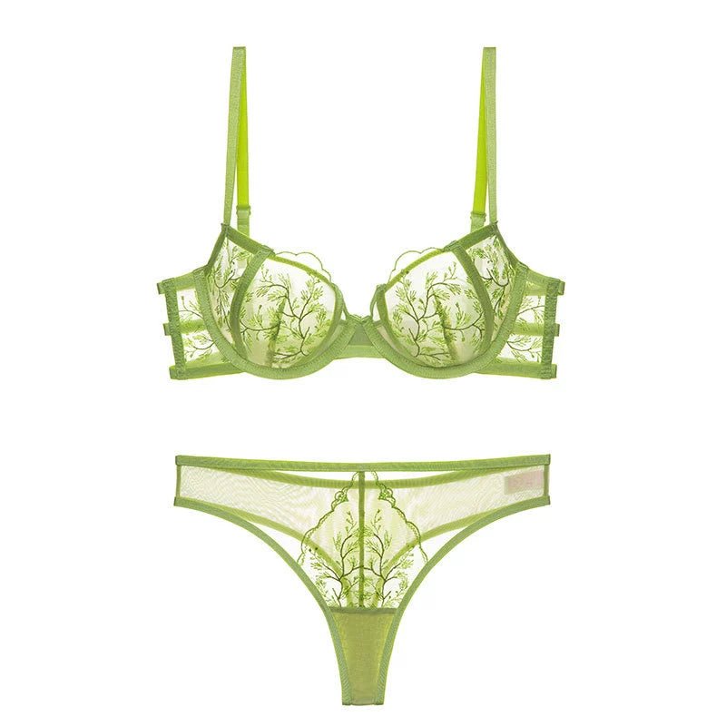 Cat Shop Boys - French Style Natural - looking Sponge - Free Embroider Bra Green Ultra - Thin Bra Sexy Lace Lingerie Set