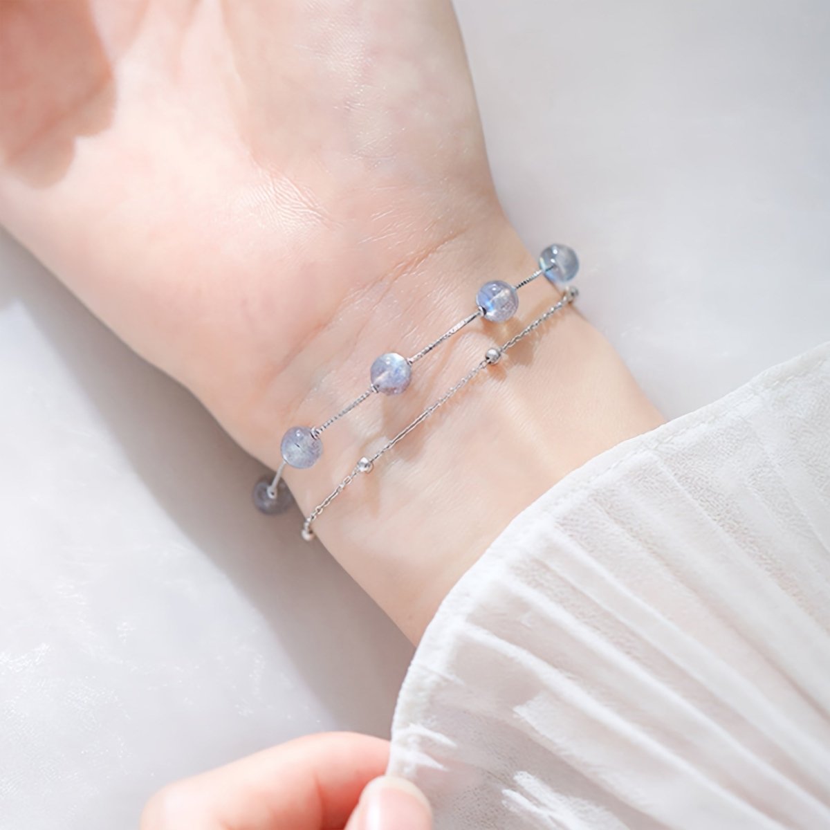 Cat Shop Boys - Genuine Double Layers Moonstone Bracelet, Sterling Silver with Gemstones Bracelet, Minimalist Moonstone Jewellery for Mum, Ladies, Anniversary Gift, Birthday Gift, Valentine's Day Gift, Wedding Gift, Chain Length 16+1.57inch