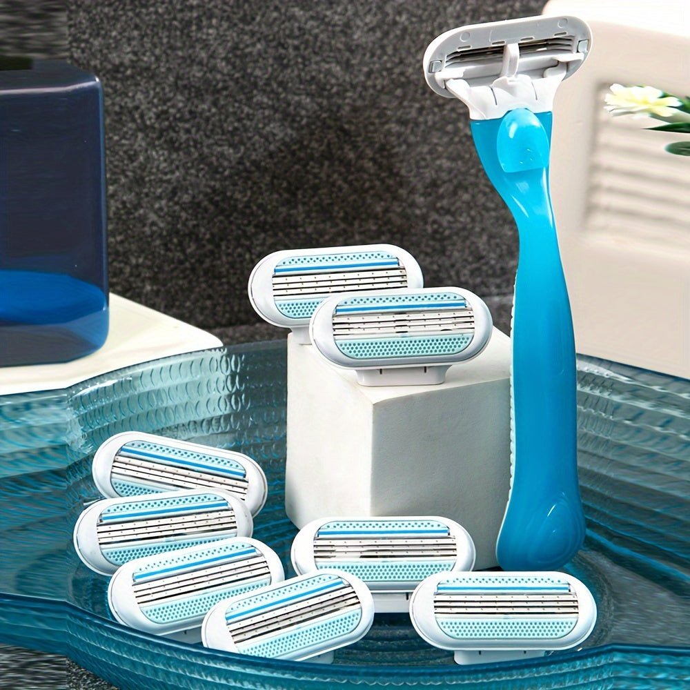 Cat Shop Boys - [Hypoallergenic Safety] Ladies' Classic Manual Hair Removal Razor Kit - Hypoallergenic, Reusable with 1 Blue Handle + 8 White Blades, 3 - Layer Stainless Steel for Smooth, Normal Skin, Hair Removal Device