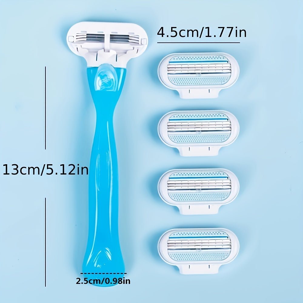 Cat Shop Boys - [Hypoallergenic Safety] Ladies' Classic Manual Hair Removal Razor Kit - Hypoallergenic, Reusable with 1 Blue Handle + 8 White Blades, 3 - Layer Stainless Steel for Smooth, Normal Skin, Hair Removal Device