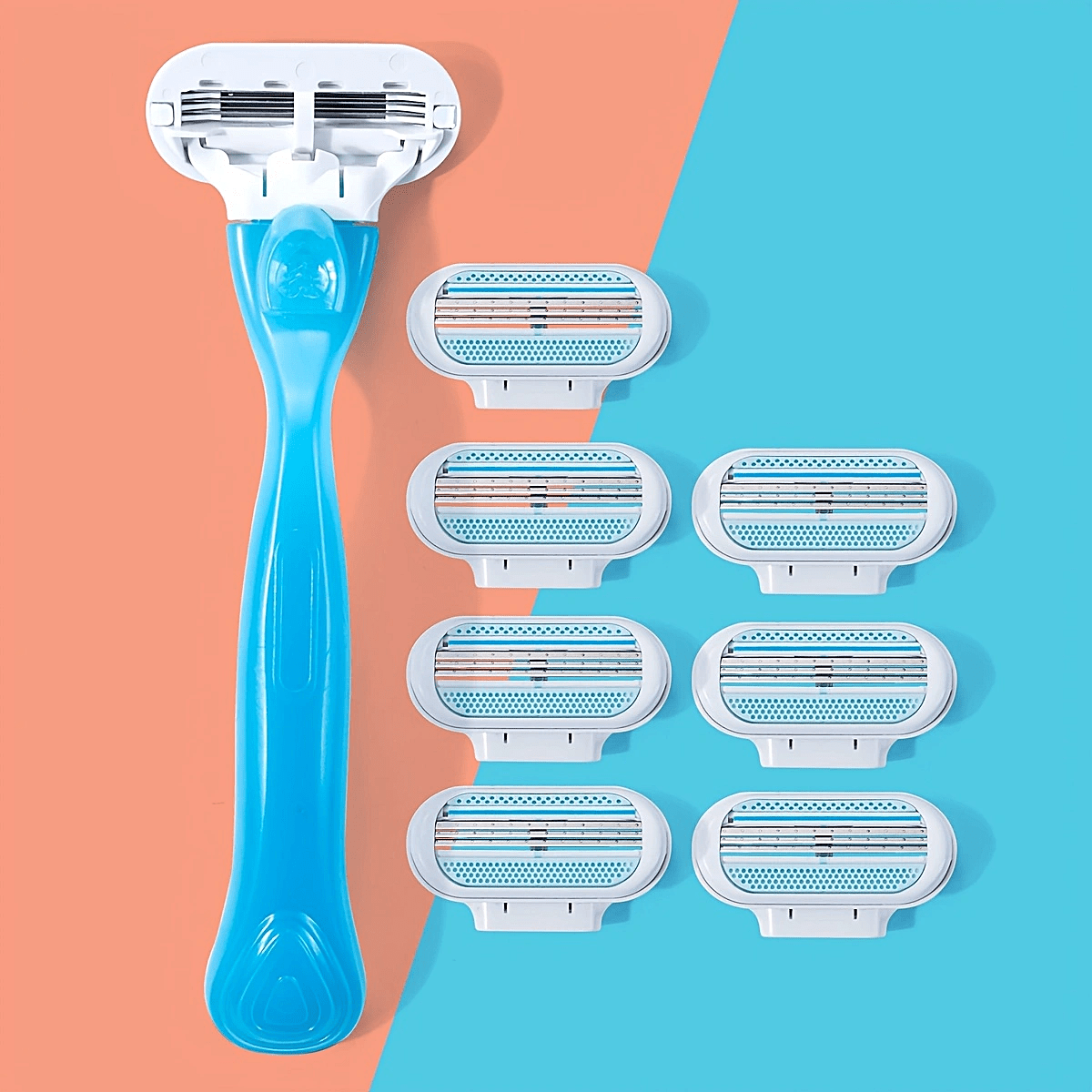 Cat Shop Boys - [Hypoallergenic Safety] Ladies' Classic Manual Hair Removal Razor Kit - Hypoallergenic, Reusable with 1 Blue Handle + 8 White Blades, 3 - Layer Stainless Steel for Smooth, Normal Skin, Hair Removal Device