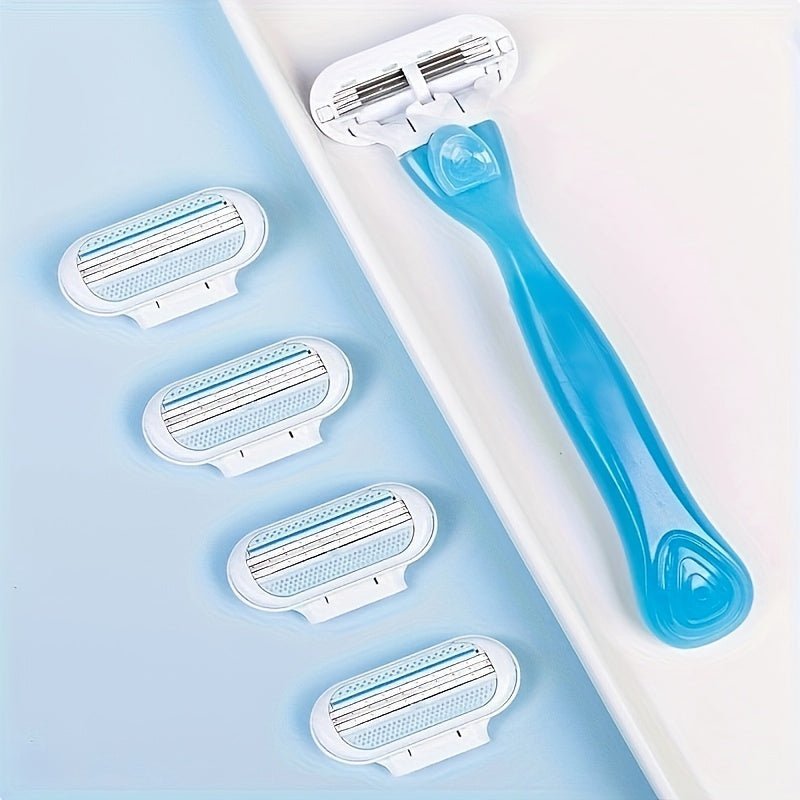 Cat Shop Boys - [Hypoallergenic Safety] Ladies' Classic Manual Hair Removal Razor Kit - Hypoallergenic, Reusable with 1 Blue Handle + 8 White Blades, 3 - Layer Stainless Steel for Smooth, Normal Skin, Hair Removal Device