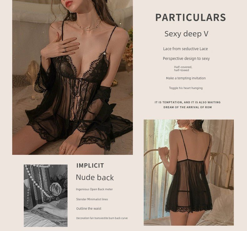 Cat Shop Boys - Jin Xi He Xi Sexy Pajamas Women's Pure Desire Lace Mesh See - through Shoelace Front Slit with T - Back Slip Nightdress