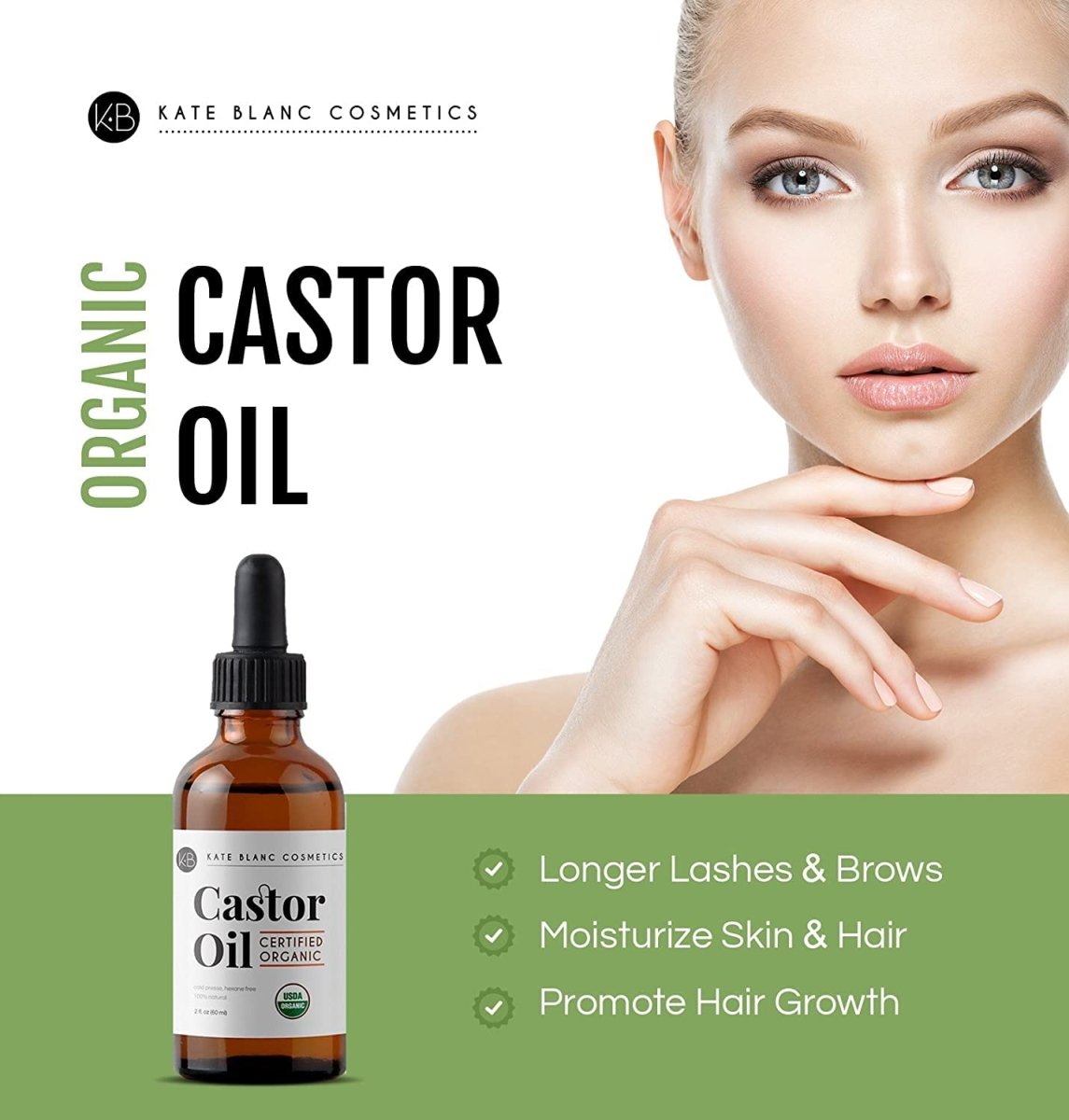 Cat Shop Boys - Kate Blanc Cosmetics Castor Oil Organic (2oz), 100% Pure, Cold Pressed, Hexane Free. Stimulate Growth for Hair, Eyelashes, Eyebrows. Hair Treatment Starter Kit & Skin Moisturizer