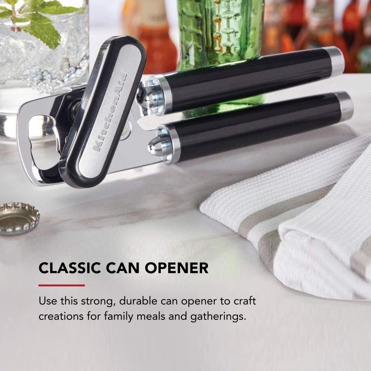 Cat Shop Boys - KitchenAid Classic Multifunction Can Opener and Bottle Opener Easy to Use, Razor Sharp Stainless Steel Cutting Wheel, Soft Ergonomic Handles, Black