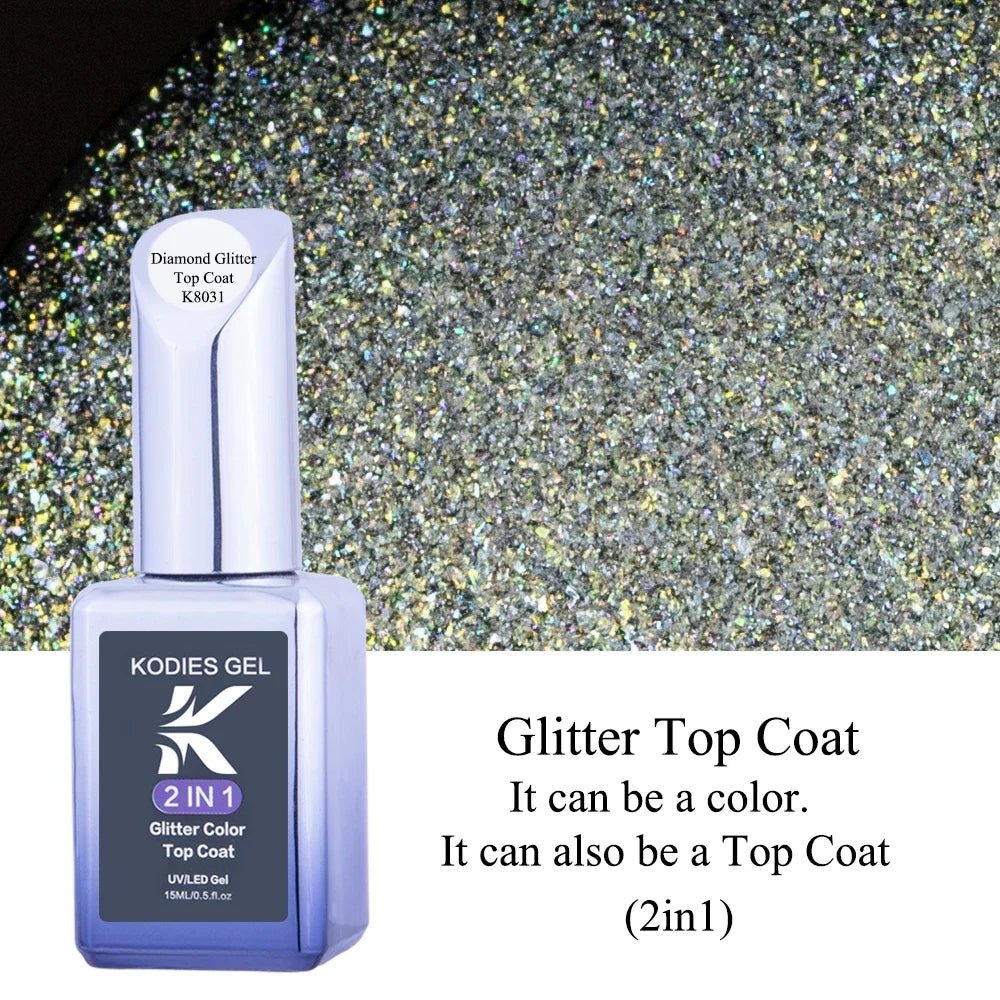 Cat Shop Boys - KODIES GEL Diamond Top Coat for Nail Varnish 15ML Super Shine UV Gel Nail Polish Soak Off Semi Permanent Glitter Topcoat No Wipe