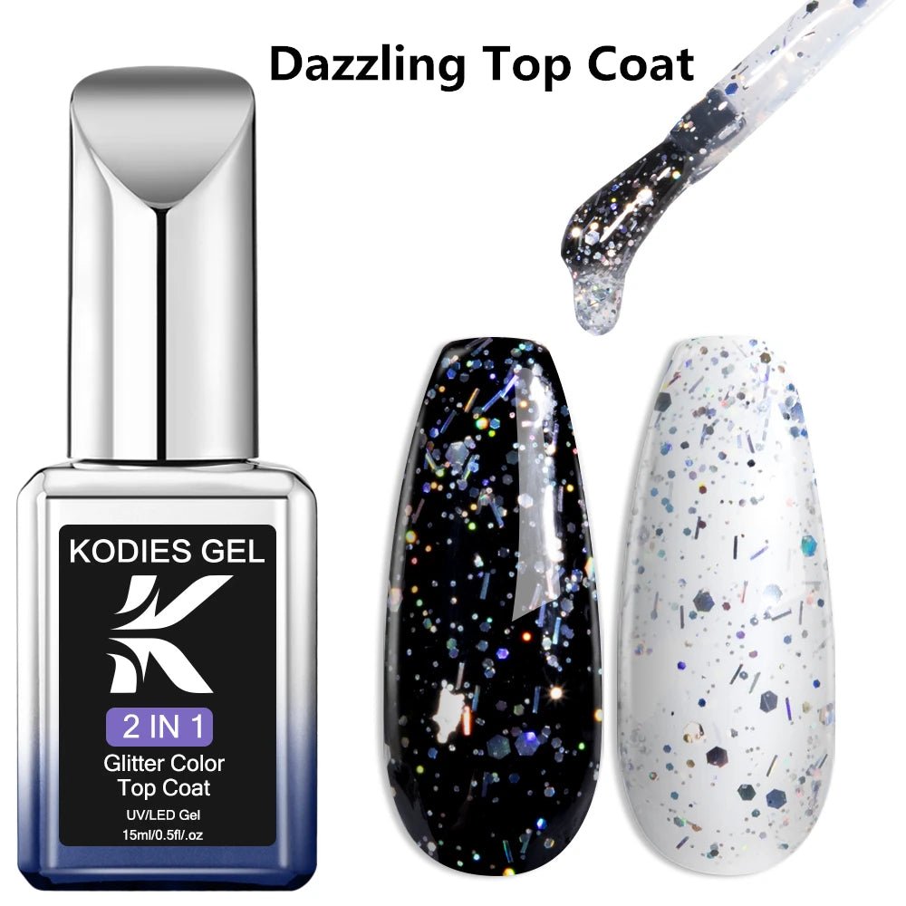 Cat Shop Boys - KODIES GEL Diamond Top Coat for Nail Varnish 15ML Super Shine UV Gel Nail Polish Soak Off Semi Permanent Glitter Topcoat No Wipe