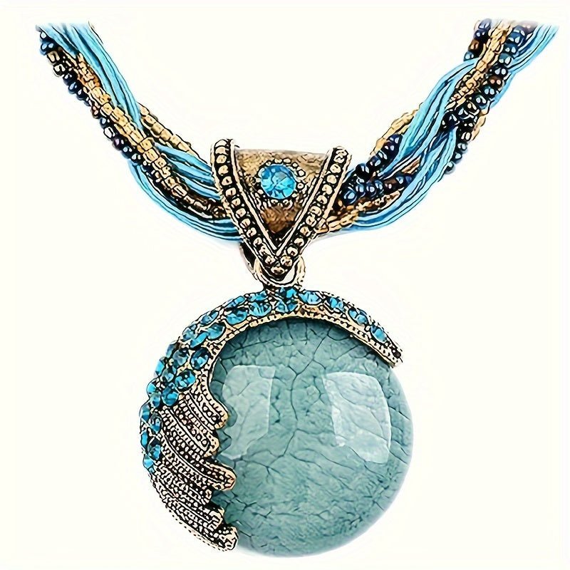 Cat Shop Boys - Ladies Vintage Vintage Bohemian Twist braided rope chain turquoise rhinestone pendant necklace Necklace Fashion jewelry